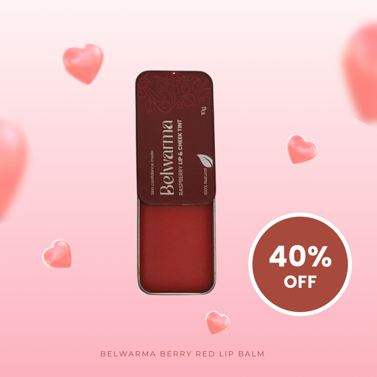 Belwarma berry red lip balm tin with hearts and 40% off label on a pink background